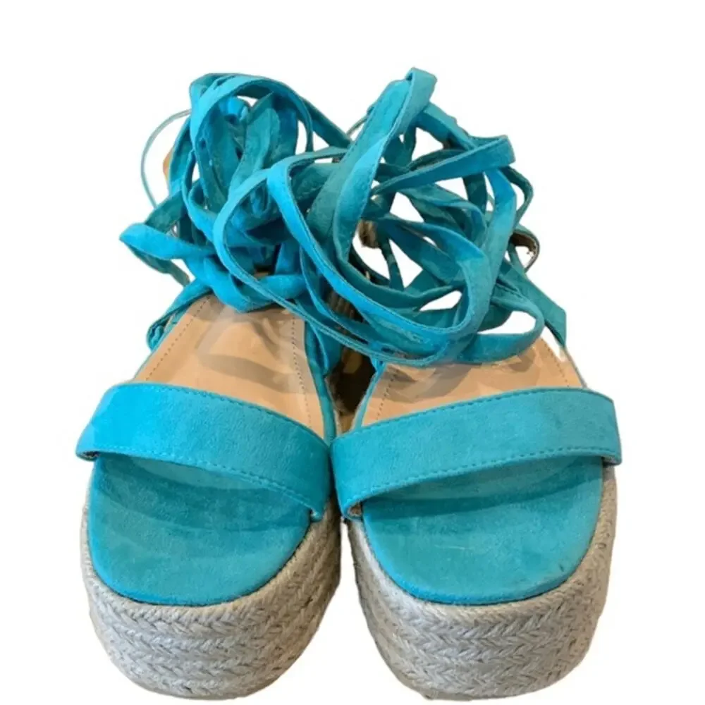 Fashion Nova espadrilles flats‎ ankle ties wrap around turquoise blue 9
